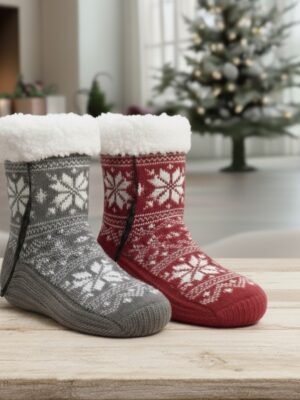 pack 2 paires de chaussettes de noel rouge et gris Pack CozyWinter – 2 paires de Chaussettes de Noël Chauffantes USB – Cadeau Cocooning pour Pieds Toujours Froids